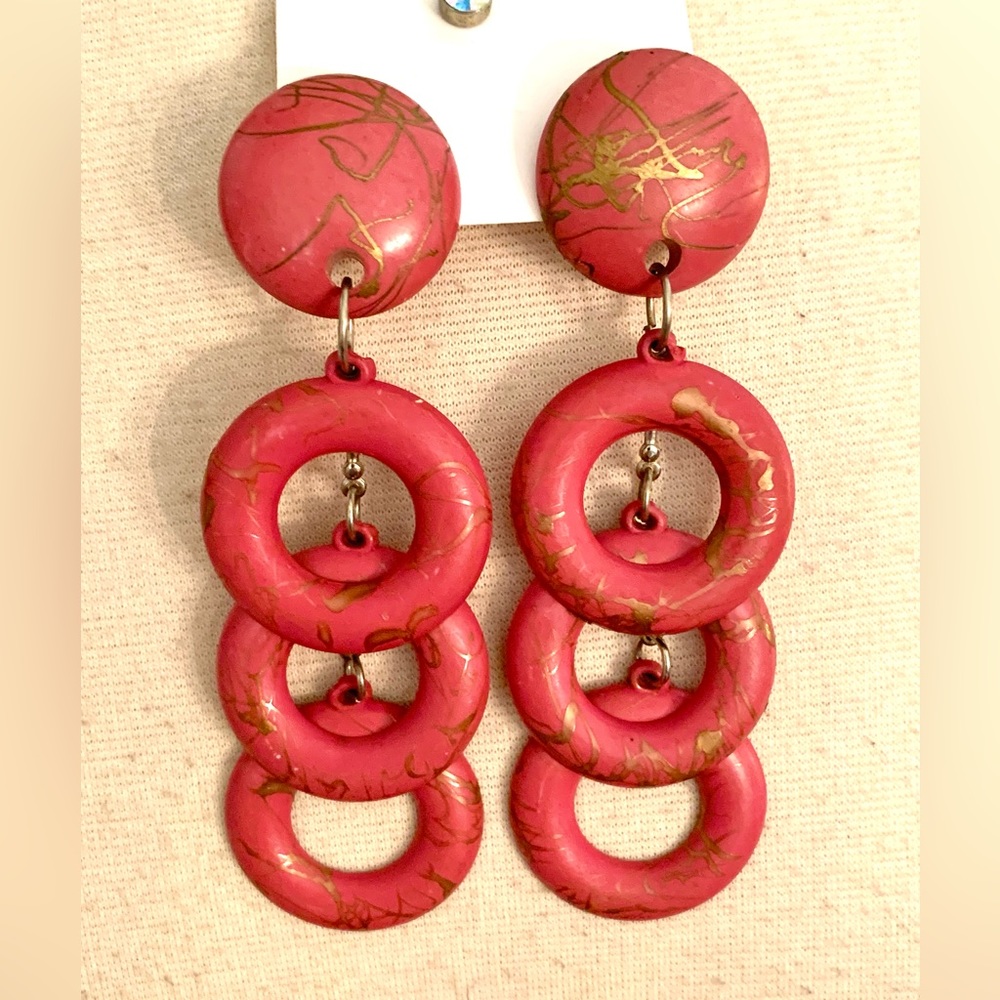 Vintage :: Pink Dangle Hoop Earrings 80s Gold Pink Barbiecore Retro 4” 3 Hoops